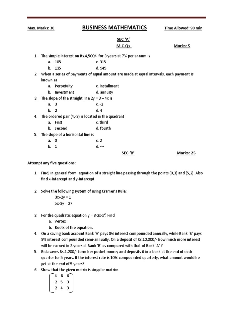 Business Mathematics Exam Questions | PDF