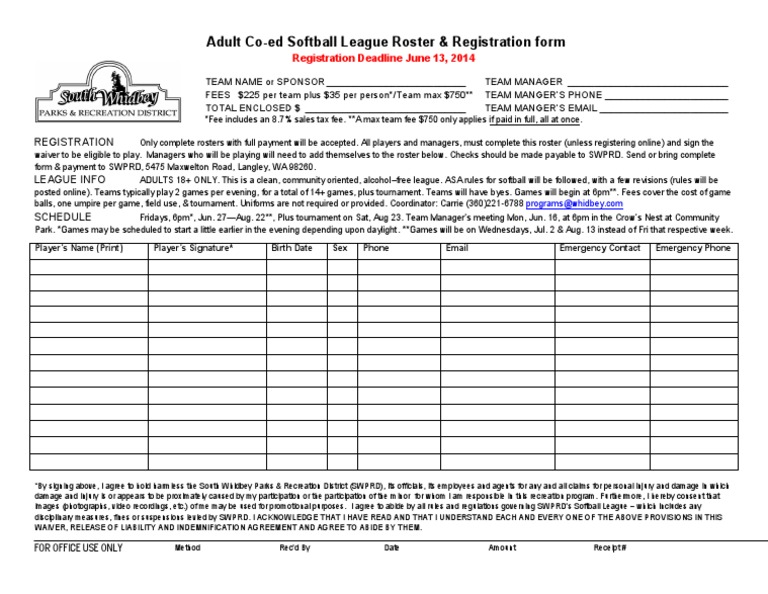 Softball Roster Reg Form 2014 | PDF | Softball | Fee