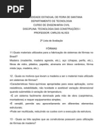 Lista de Questões Para Estudos e Prova TEC II -Formas, Armadura, Alvenaria