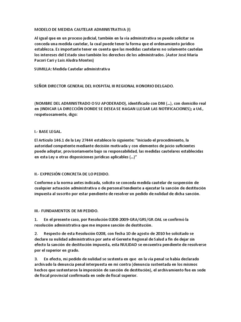 Modelo de Medida Cautelar Administrativa | PDF | Mandato | Instituciones  sociales