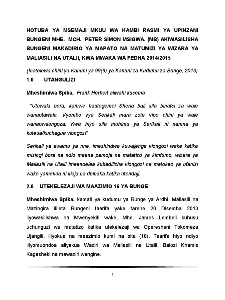 Hotuba Ya Msemaji Mkuu Wa Upinzani-Maliasili Na Utalii Final Version ...