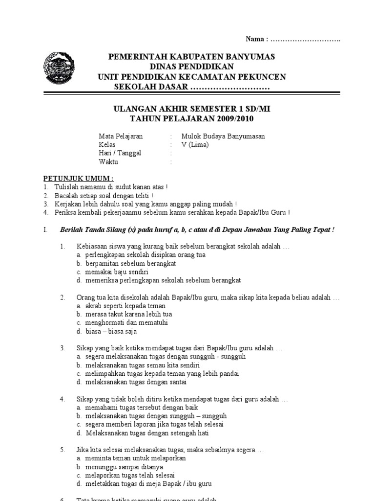 Soal Mulok Dan Kunci Jawaban Guru Galeri