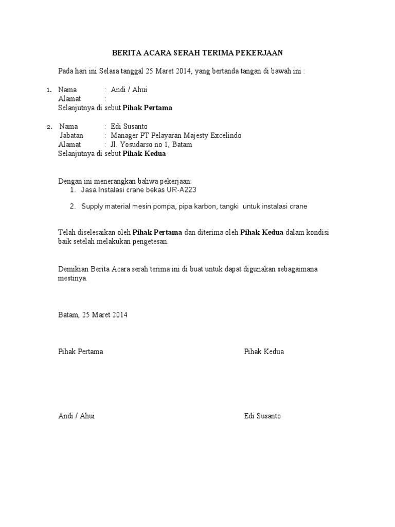 Berita Acara Serah Terima Pekerjaan Pekerjaan Pasang Crane Pdf