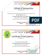 Reading Camp 2014 Sample Certificate