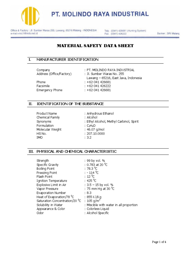 MSDS Ethanol E100 | PDF | Ethanol | Combustion