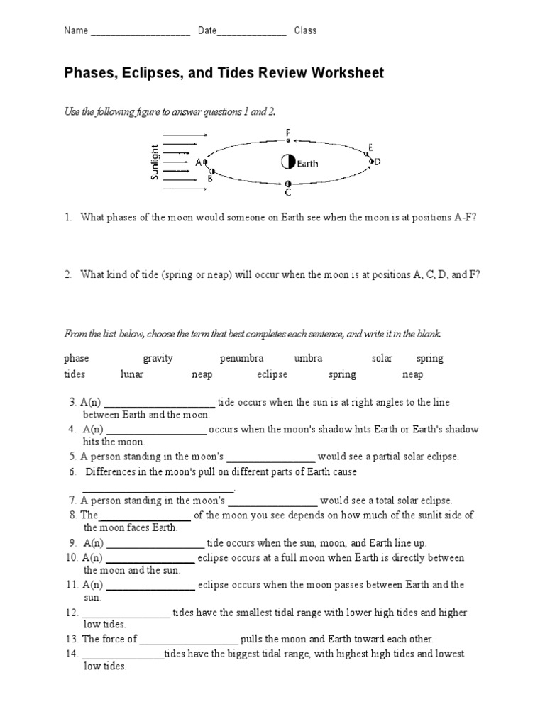 phases eclipses and tides worksheet | Eclipse | Tide