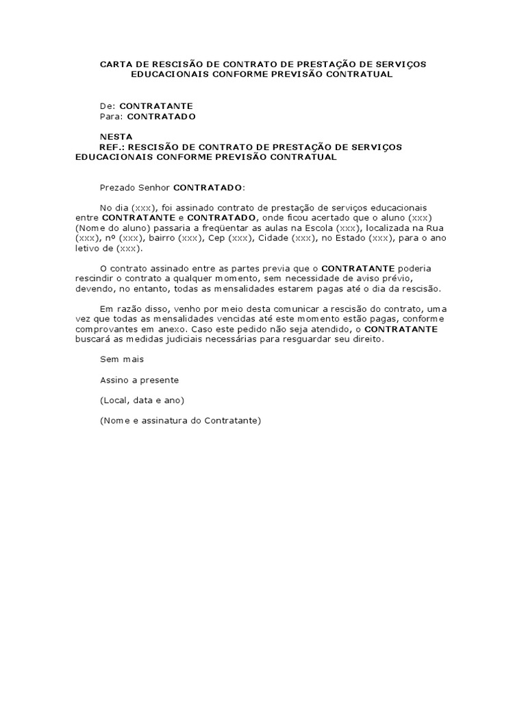 Carta de Rescisão de Contrato Educacional | PDF | Finanças e ...