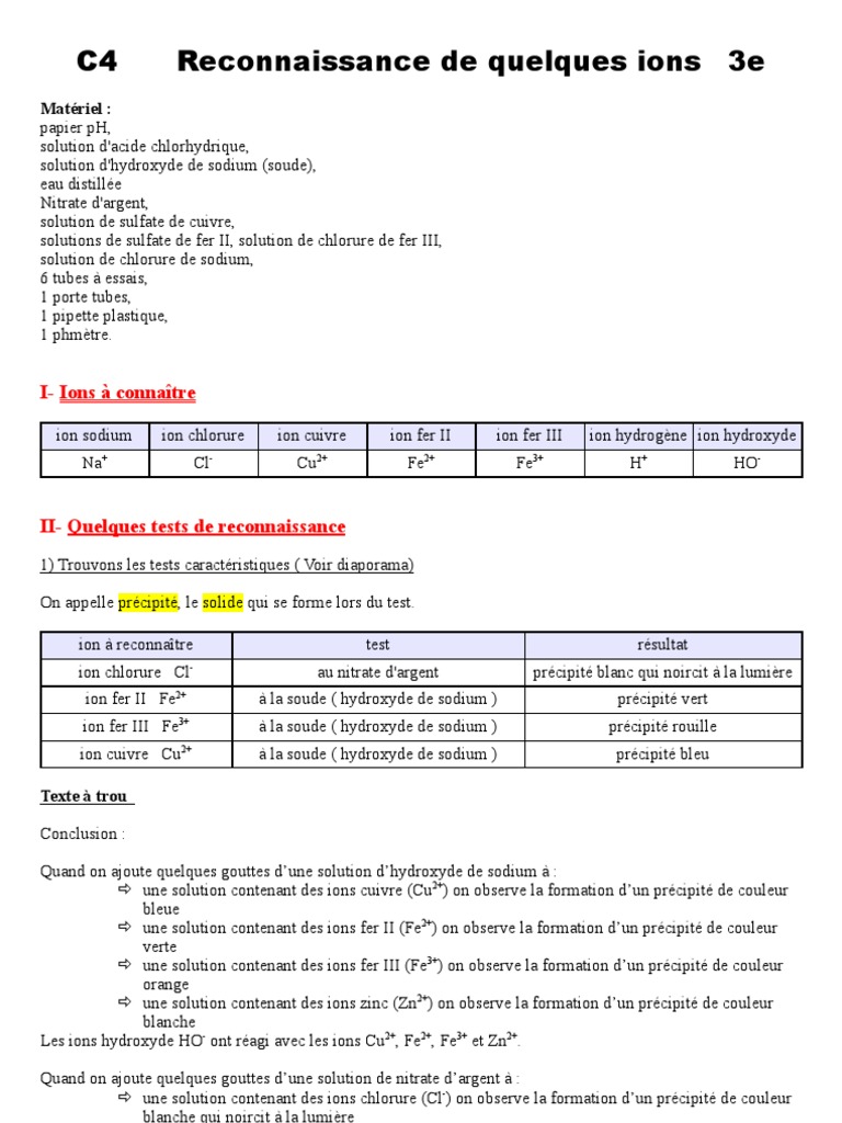 Tests de Reconnaissance d'Ions et pH | PDF | Ph | Acide