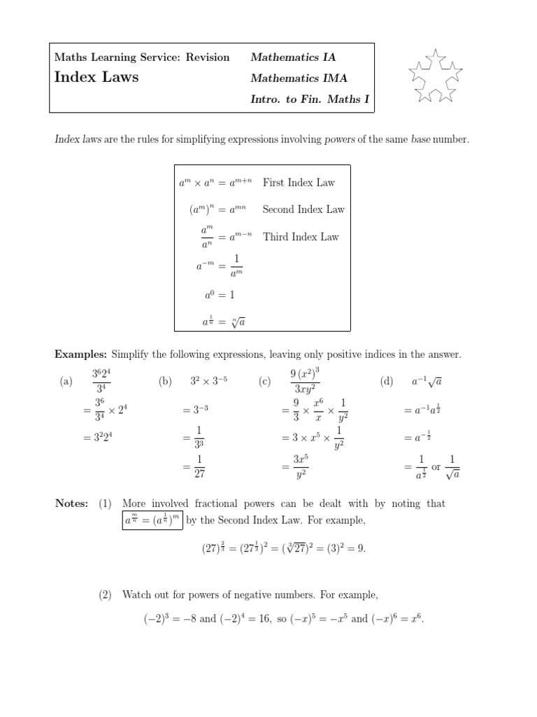 Index Laws Revision PDF Square Root Fraction (Mathematics)