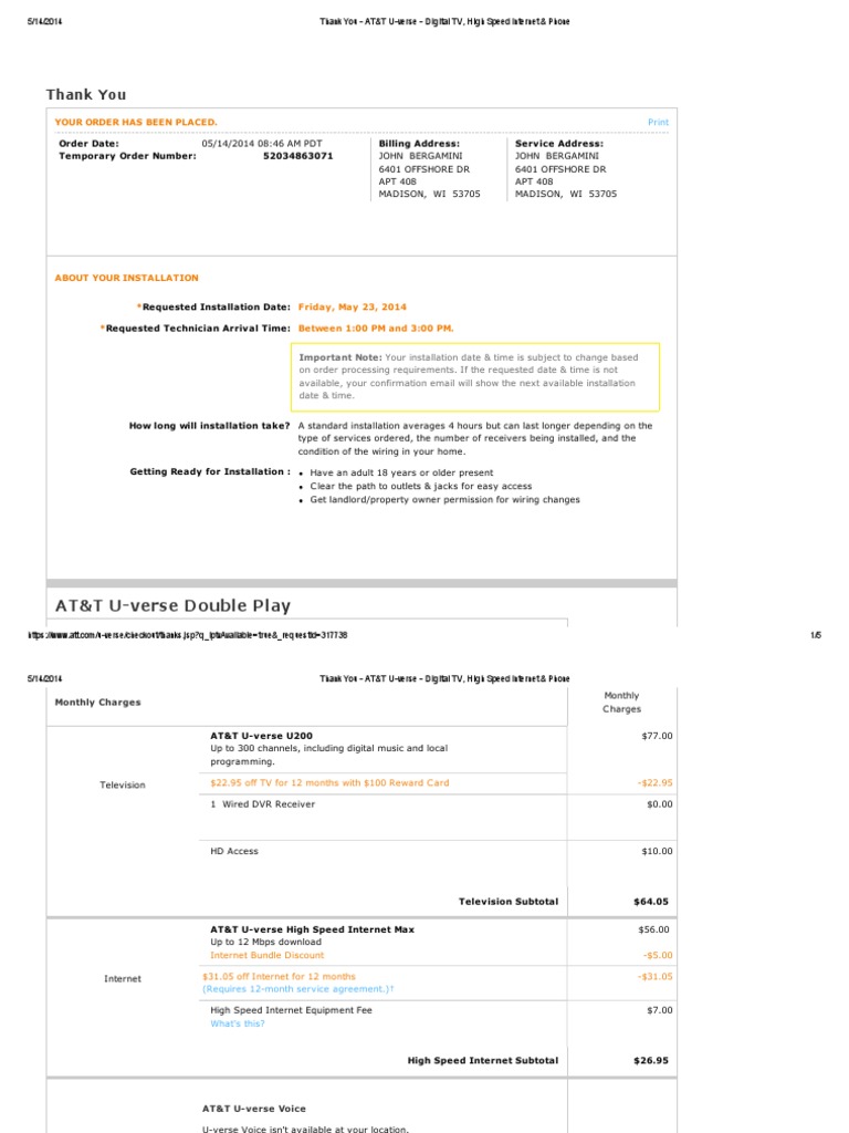 AT&T U-verse Order Confirmation Details | PDF