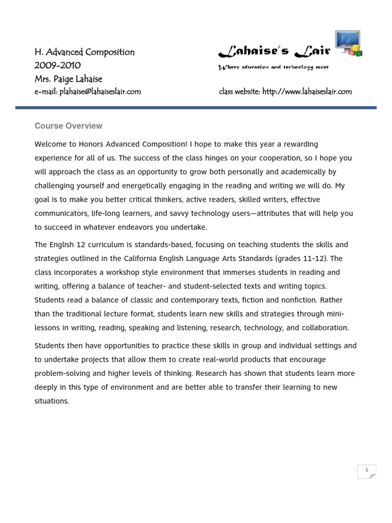 Honors Advanced Composition Overview | PDF | Homework | Educational ...