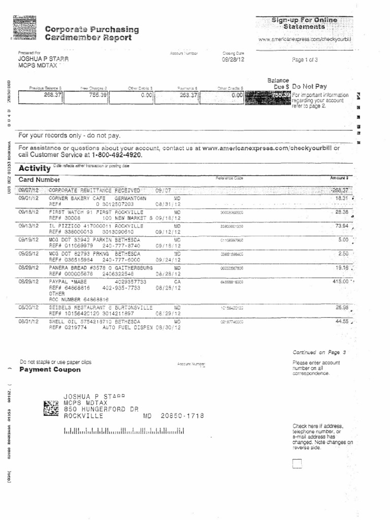 2012 Joshua Starr credit card and expenses