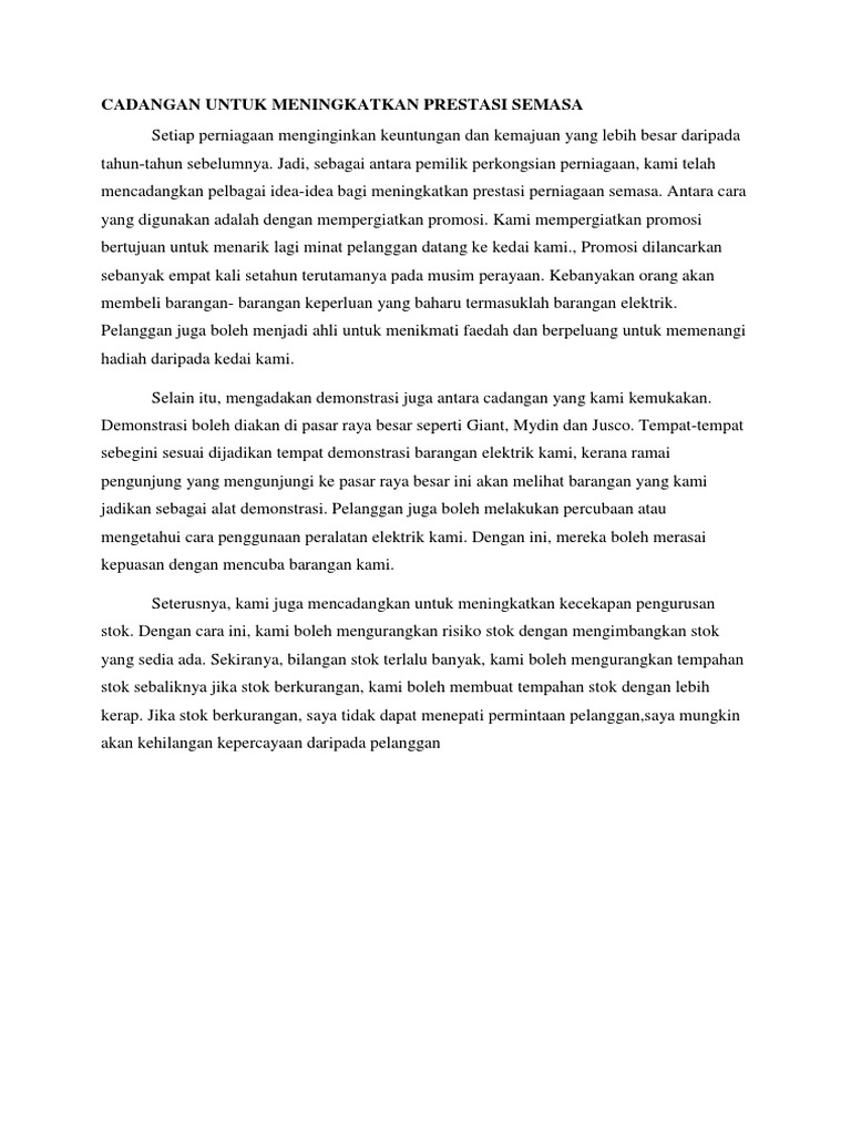 Cadangan Untuk Meningkatkan Prestasi Semasa Dan Jangka Panjang Pdf