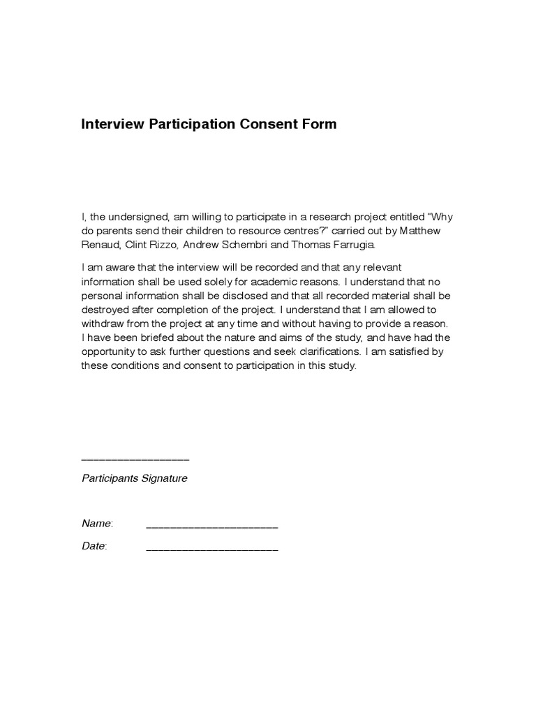 Interview Participation Consent Form: Participants Signature | PDF