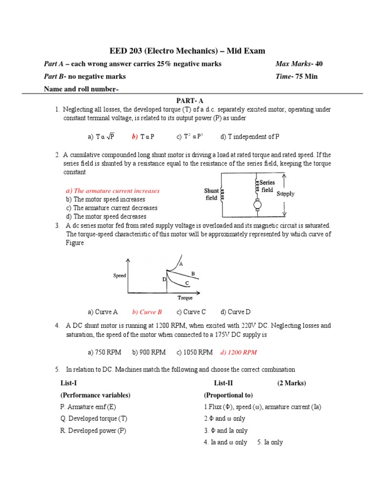 EED 203 Exam: DC Motor Mechanics | PDF | Magnetic Field | Electric ...