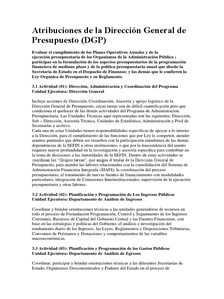 Atribuciones de La Dirección General de Presupuesto Gobierno de