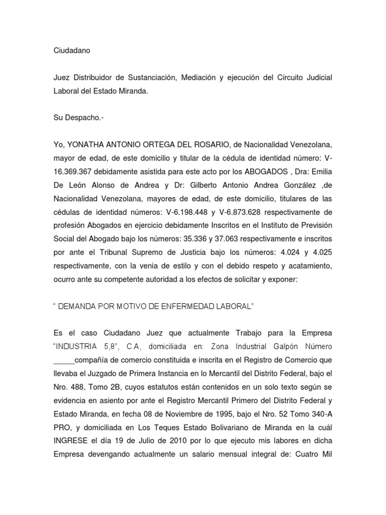 Demanda Por Enfermedad Laboral | PDF | Derecho laboral | Instituciones