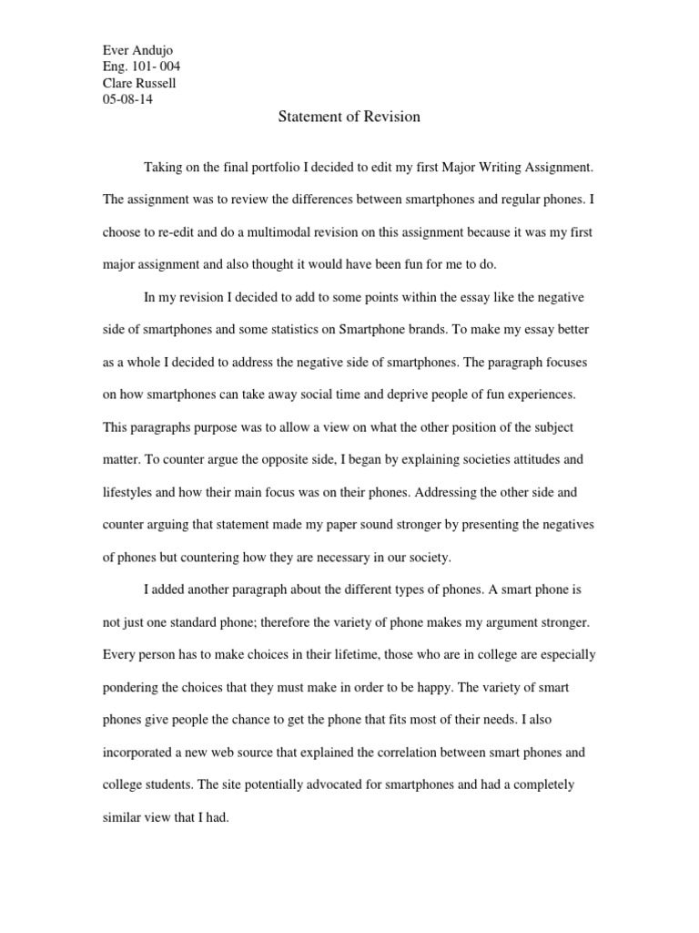 Statement of Revision Essays Cognition