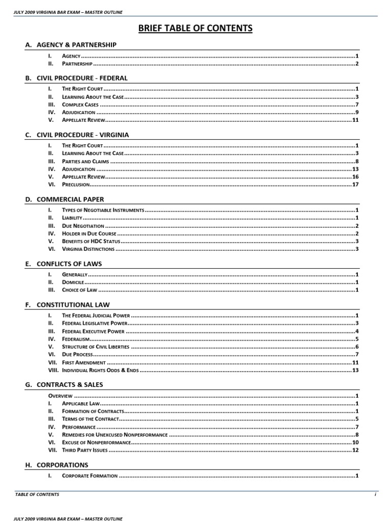 Sample from Master Outline for July 2009 Virginia Bar Exam Law Of