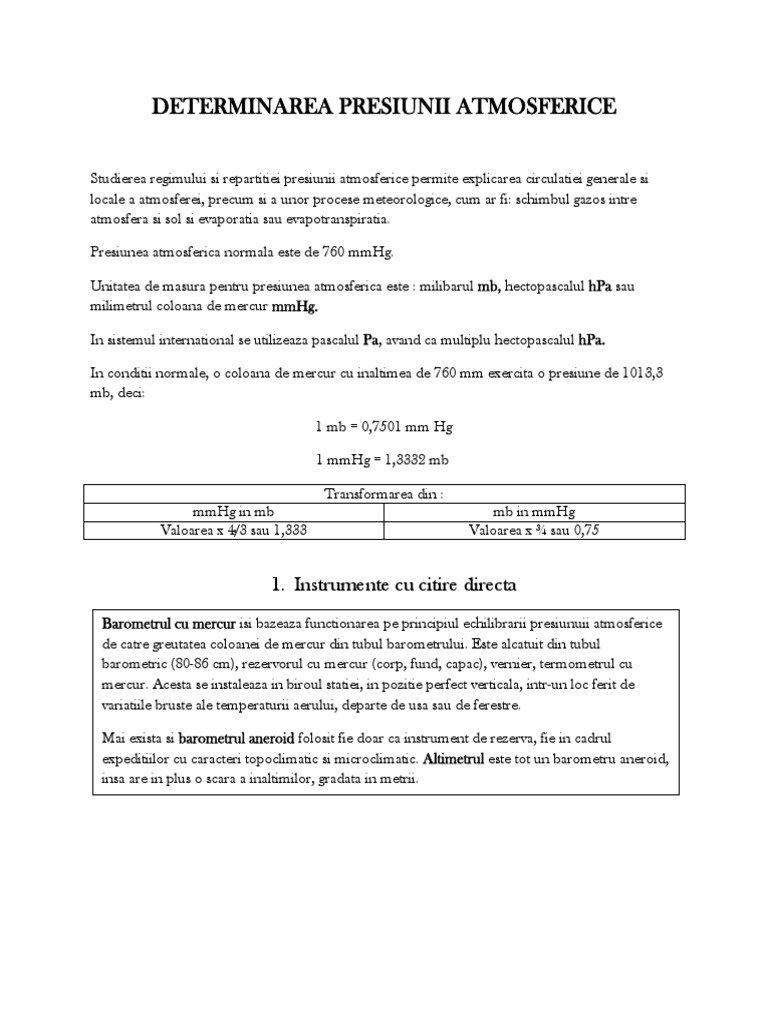 Determinarea Presiunii Atmosferice
