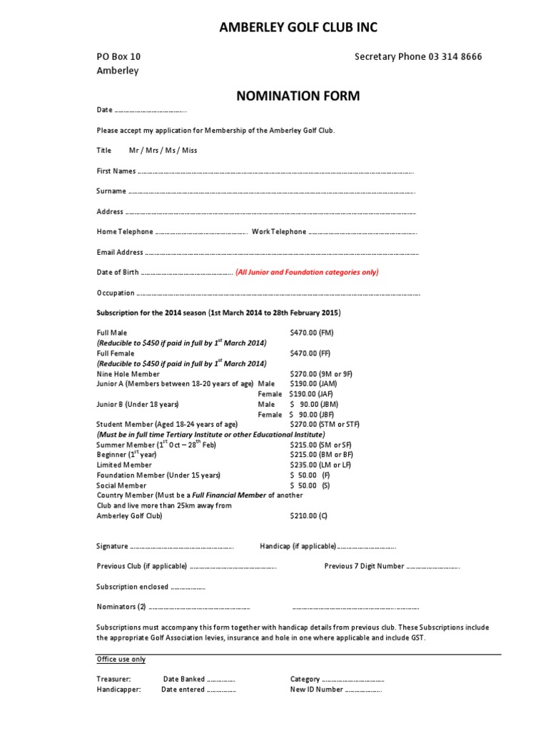 Amberley Golf Club Membership Form | PDF | Sports & Recreation