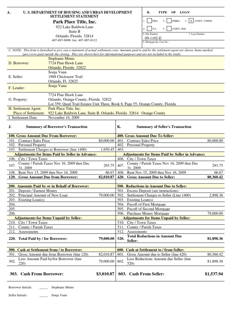 HUD Settlement Statement For 09-1102-E | PDF | Title Insurance | Loans