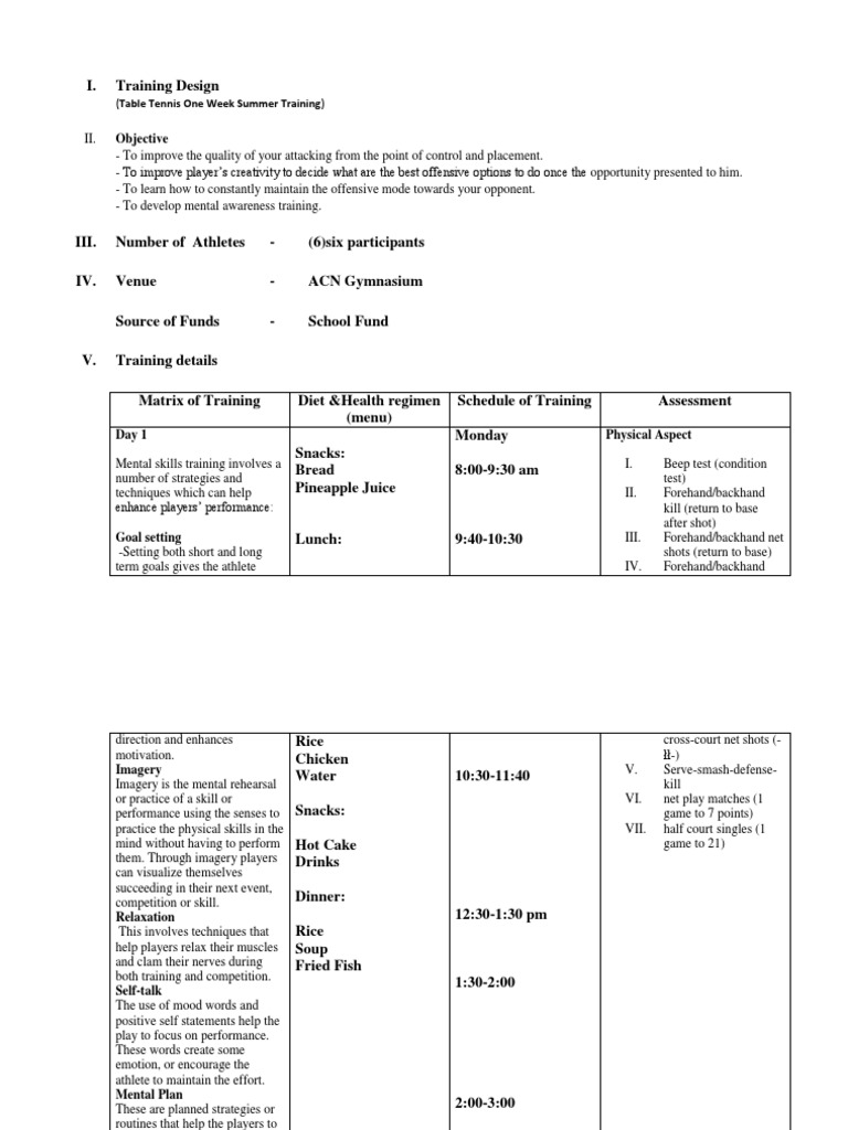 Objective (Table Tennis One Week Summer Training) PDF Lunch Food