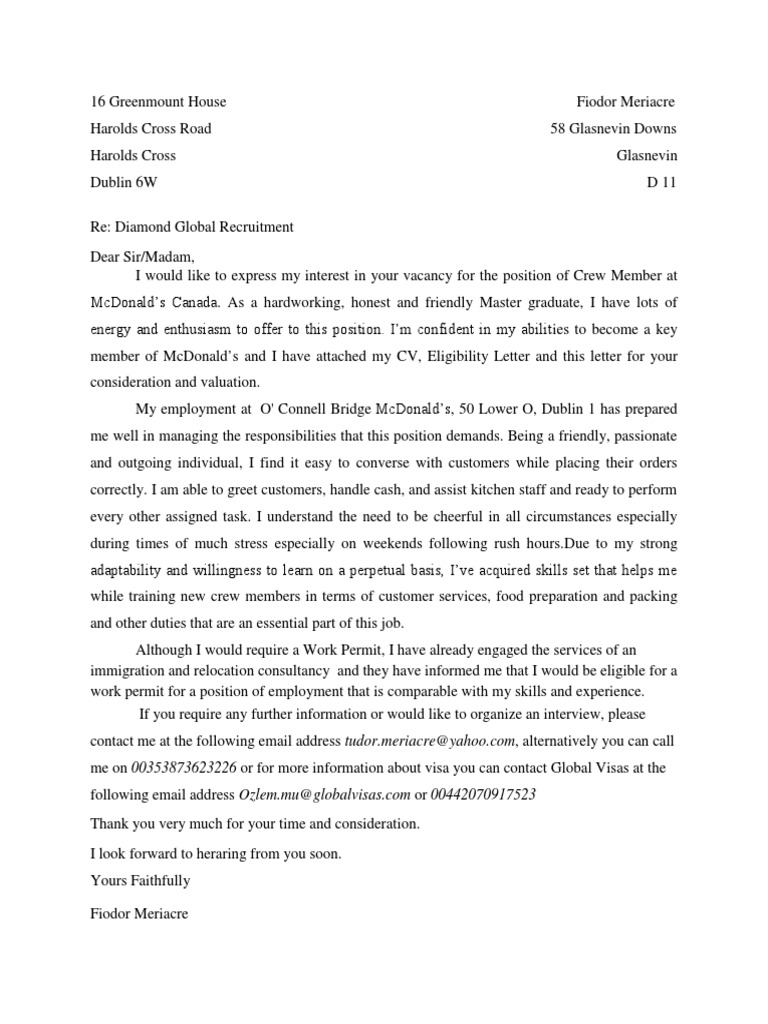 cover letter for mcdonald's team leader