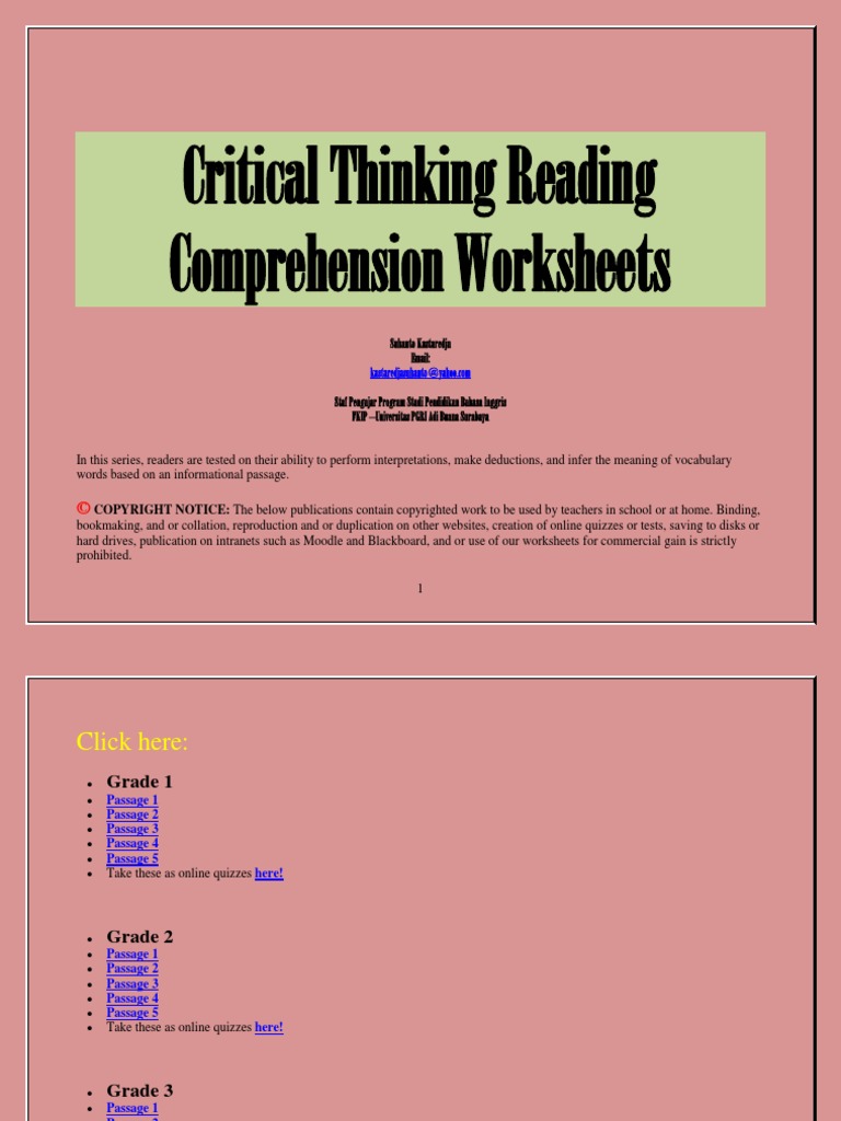 Critical Thinking Reading Comprehension Worksheets Reading Comprehension