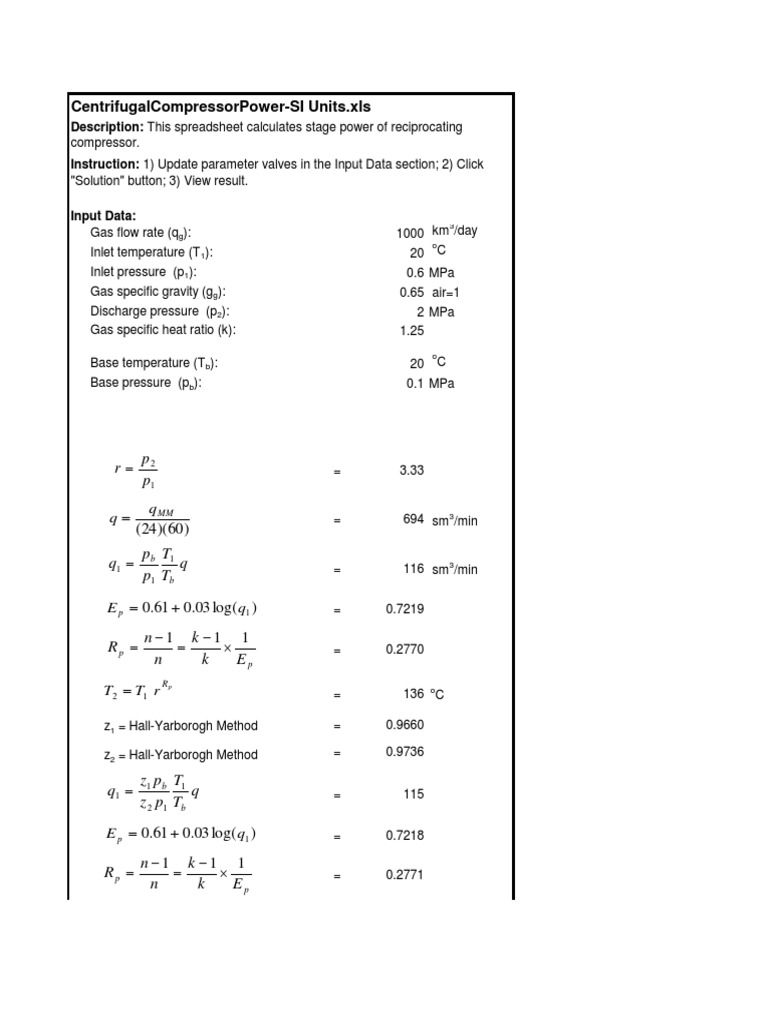 Compressor Power Calculation Spreadsheet | PDF