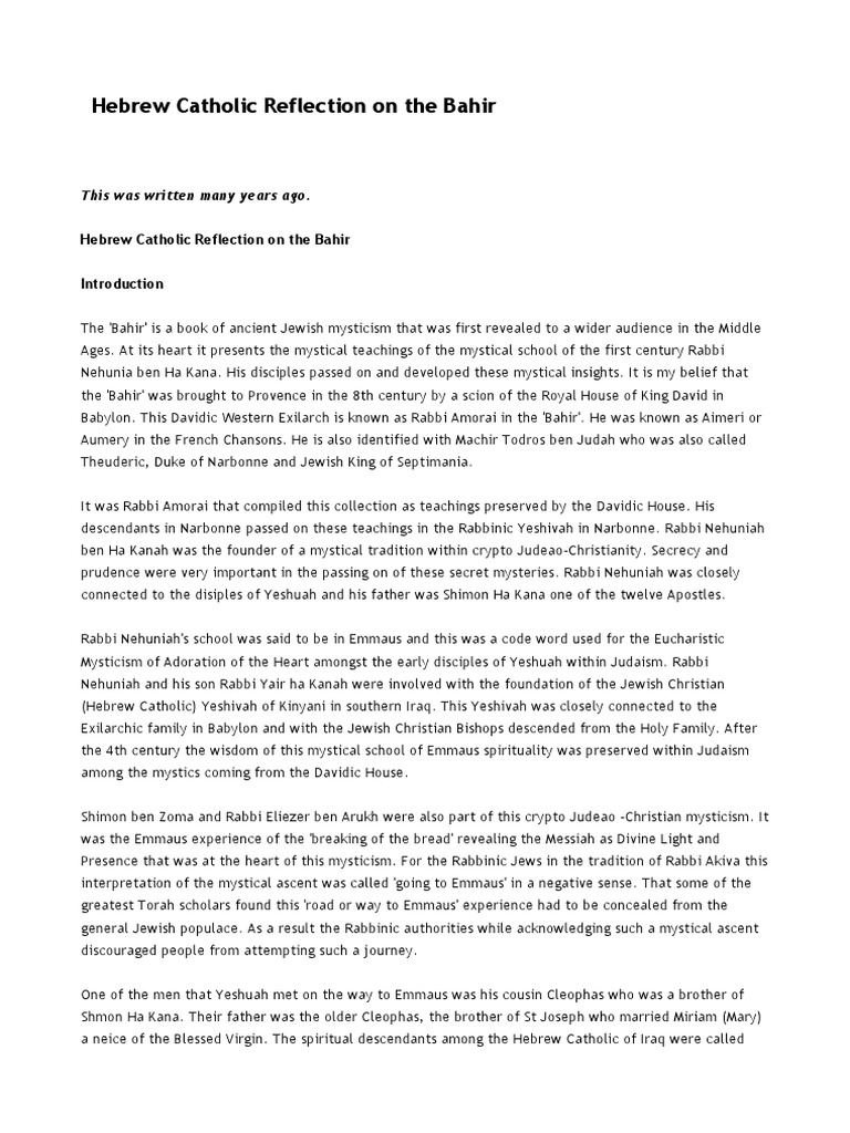 Hebrew Catholic Insights on the Bahir | PDF | Bereshit (Parsha) | Kabbalah