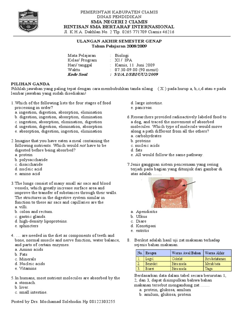  Soal  Biologi Uas  Kls  Xi 08 09 Immune System Neuron