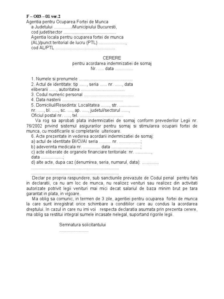 Cerere PT Acordarea Indemnizatiei de Somaj | PDF
