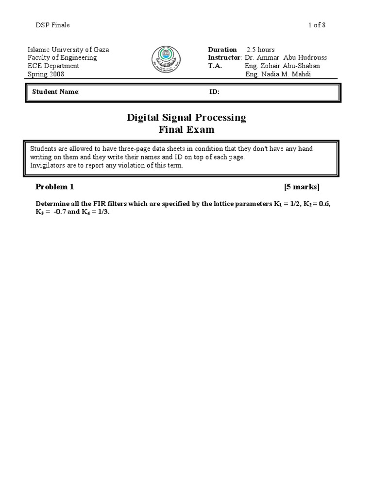 Digital Signal Processing Final Exam Spring 2008 PDF Digital