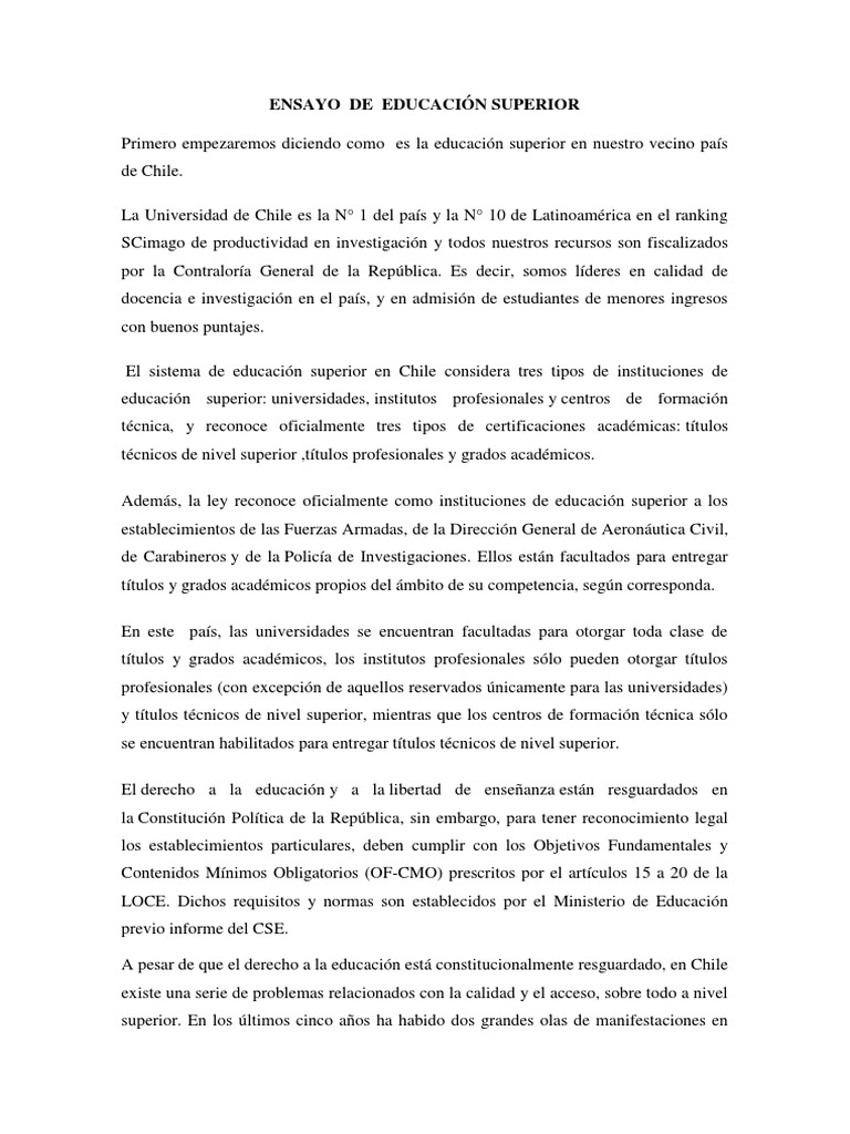 Ensayo de Educación Superior Chile Ecuador y Colombia
