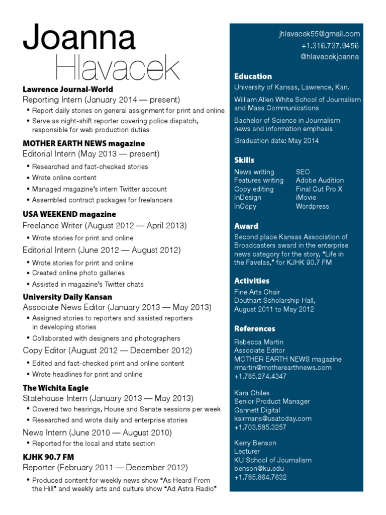 Joanna Hlavacek's Journalism Resume | PDF | Social Science | Art