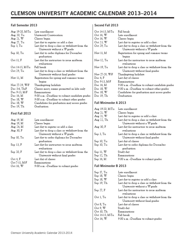 Clemson University 2013-14 Calendar | PDF | Academic Term | Test