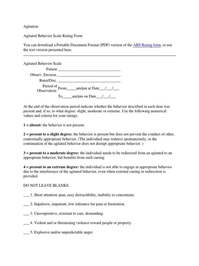 Agitated Behavior Scale Form | PDF