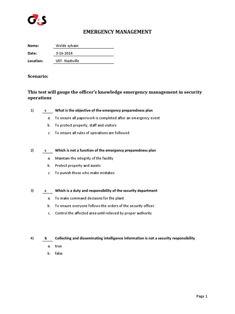 Emergency Management Knowledge Test | PDF