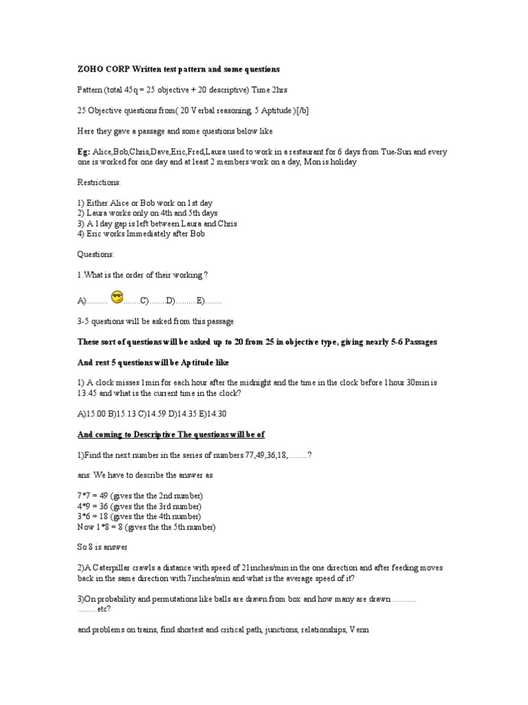 ZOHO CORP Written Test Pattern and Some Questions PDF