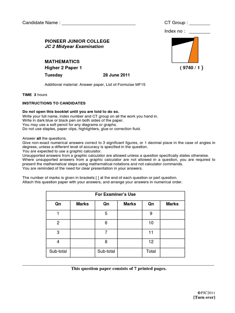 JC2 Mathematics Midyear Exam Paper | PDF | Cartesian Coordinate System ...