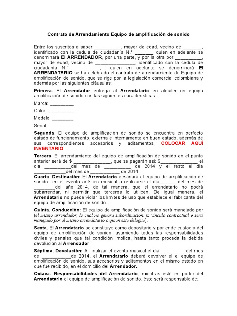 Contrato de Arrendamiento Equipo de Amplificación de Sonido