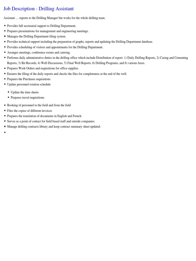 Job Description - Drilling Assistant | PDF | Computers | Technology ...