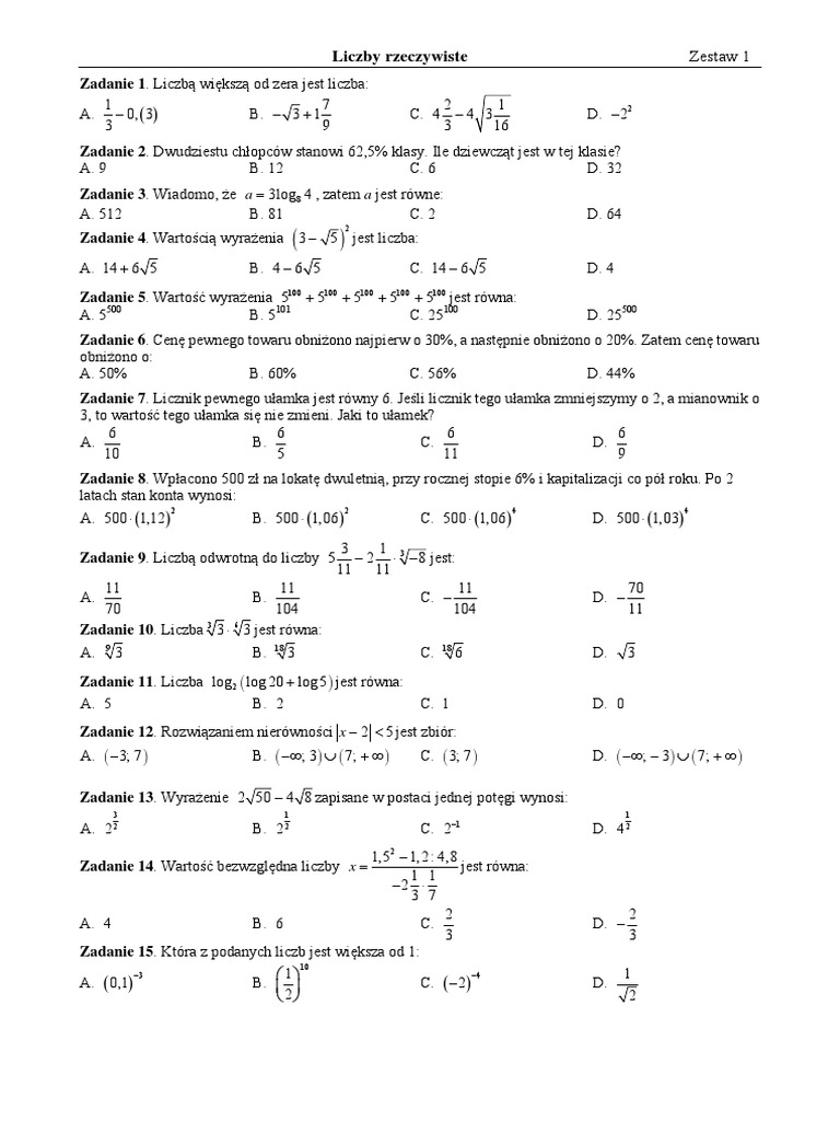 Sprawdzian Z Matematyki Klasa 1 Liceum Liczby Rzeczywiste Nowa Era