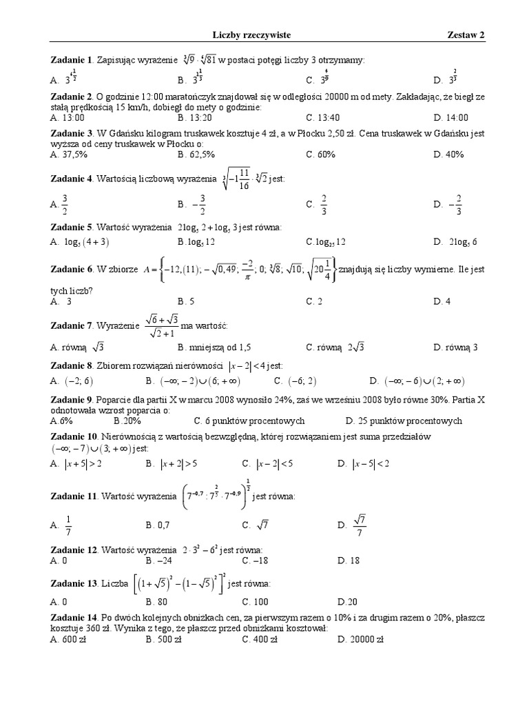 Sprawdzian Z Matematyki Klasa 1 Liceum Liczby Rzeczywiste Nowa Era