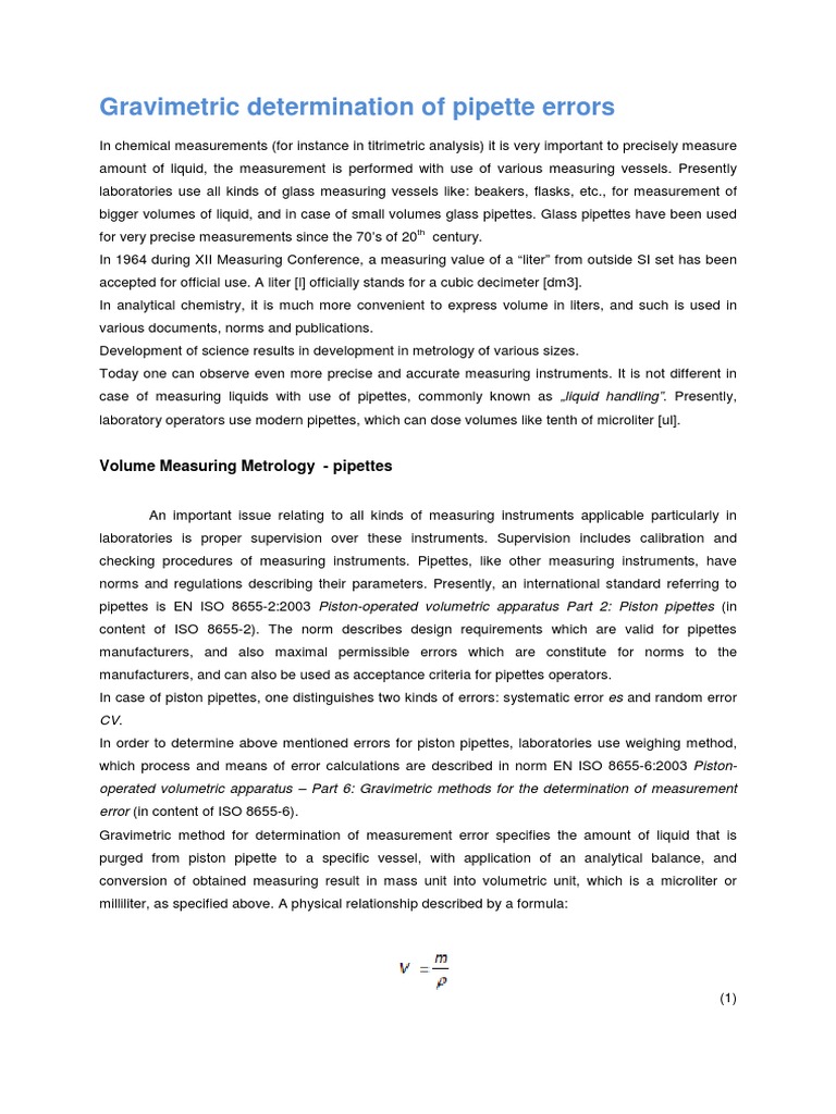 Gravimetric Determination of Pipette Errors PDF Uncertainty