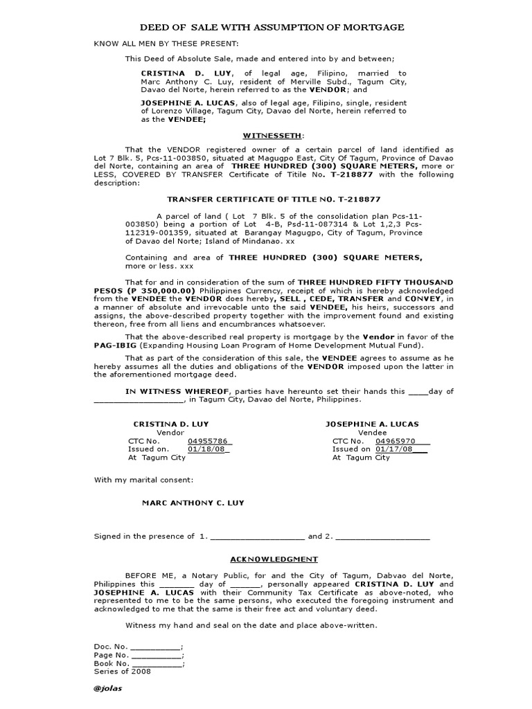 Deed of Sale With Assumption of Mortgage