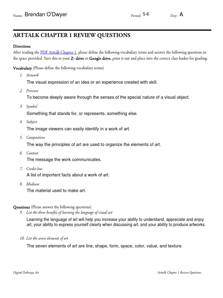 Arttalk Chapter 1 Review Questions | PDF | Composition (Visual Arts ...