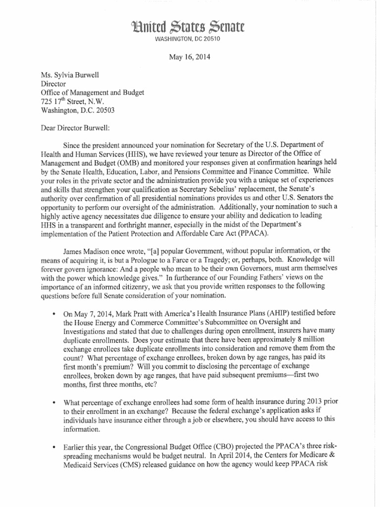Senator Lee and Senator Cruz Letter To HHS Nominee Sylvia Burwell ...