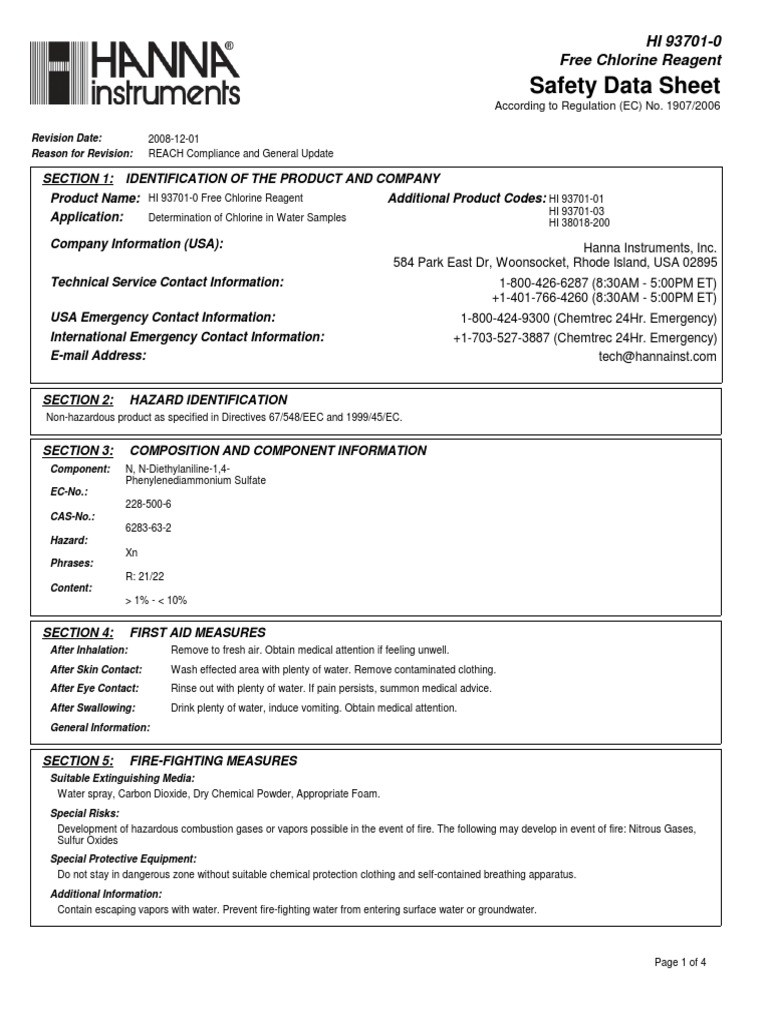 Free Chlorine Reagent SDS_HI 937010_2008!12!01 Water Chemical Substances
